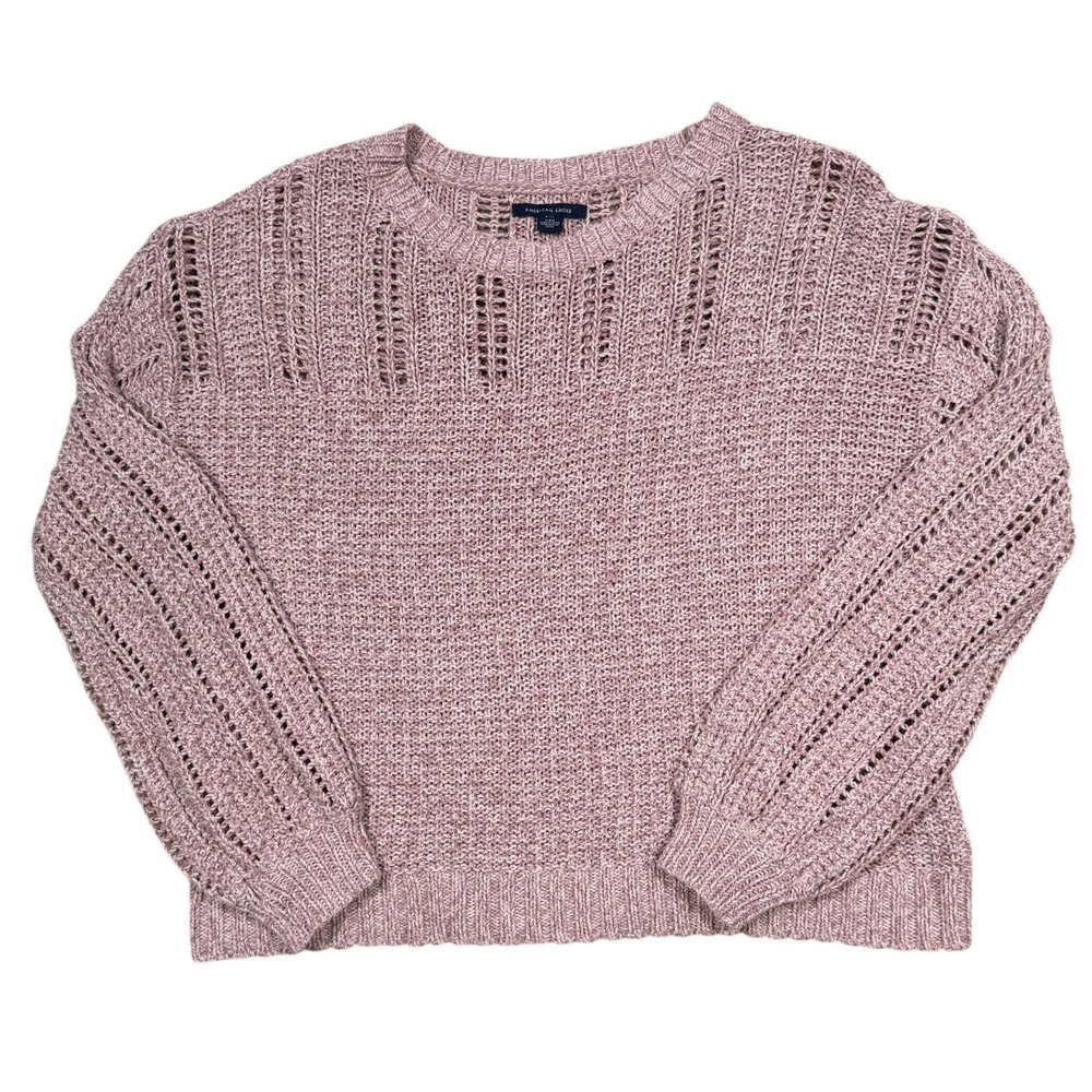 American Eagle Womens Large Mauve Pink Marled Pointelle Knit Crewneck Sweater